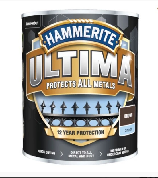 A 750ml tin of Hammerite smooth-finish metal paint in brown, for protecting and decorating metal surfaces.