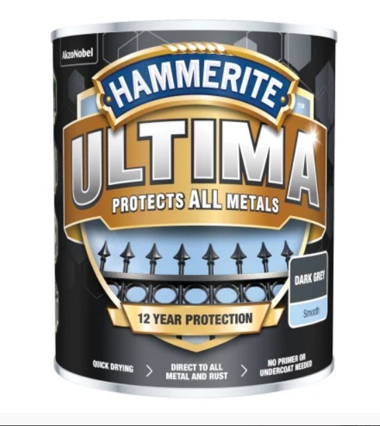 A 750ml tin of Hammerite smooth-finish metal paint in grey, for protecting and decorating metal surfaces.