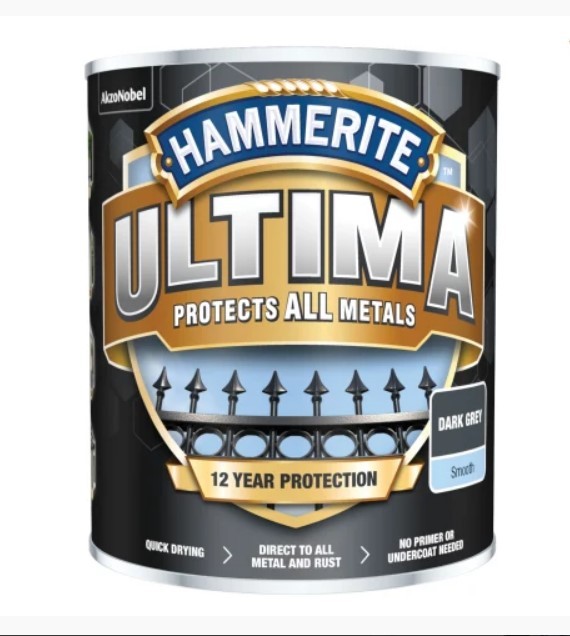 A 750ml tin of Hammerite smooth-finish metal paint in grey, for protecting and decorating metal surfaces.