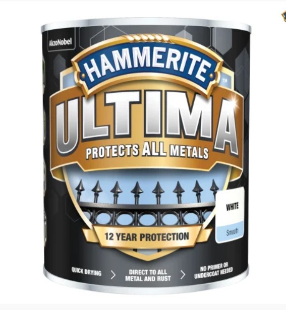 A 750ml tin of Hammerite smooth-finish metal paint in white, for protecting and decorating metal surfaces.