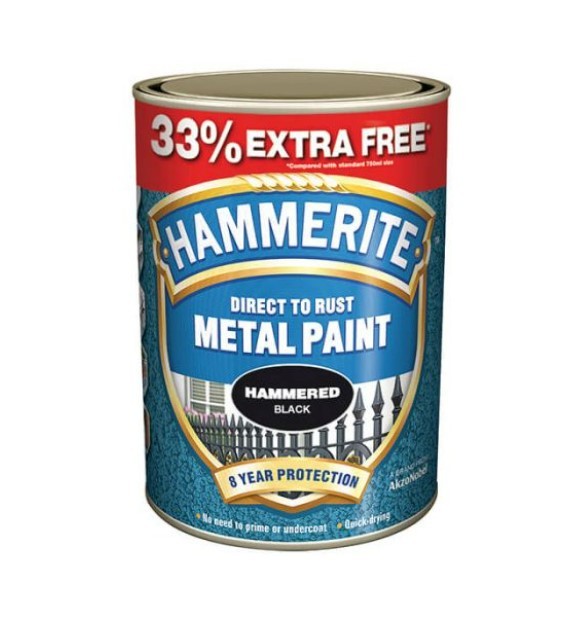 A 750ml tin of Hammerite direct-to-rust hammered-finish metal paint in silver, with a textured decorative surface and built-in rust inhibitor, requiring no primer.