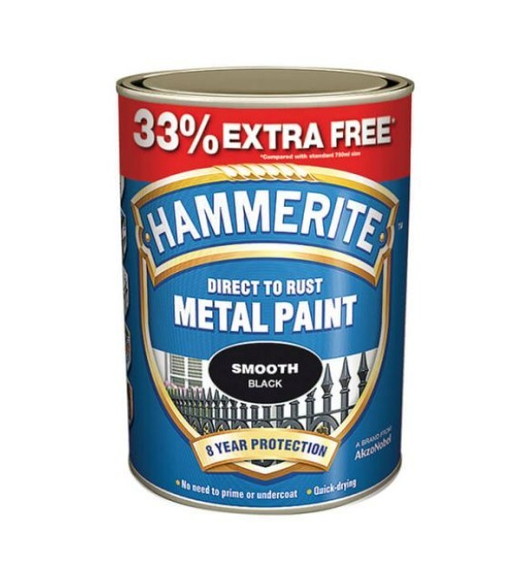 A 750ml tin of Hammerite smooth-finish metal paint in black, for protecting and decorating metal surfaces.
