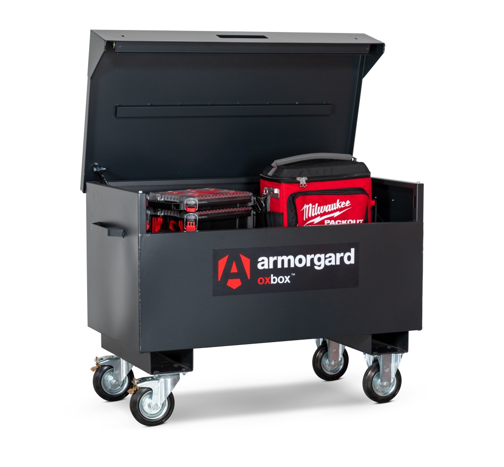 A steel Armorgard steel tool chest with multiple drawers, a locking lid, and rubber-lined interior, for organising and storing hand tools.