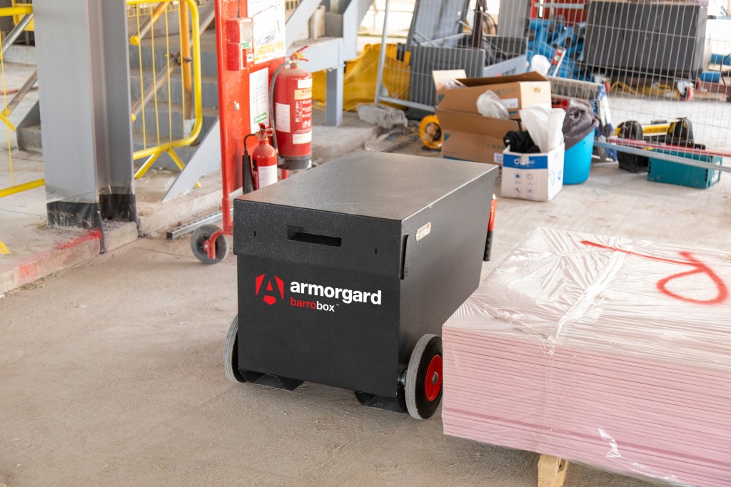 A steel Armorgard heavy-duty site storage unit with a steel construction, secure locking, and a load-rated base.