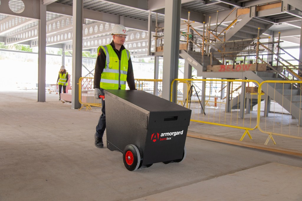 A steel Armorgard heavy-duty site storage unit with a steel construction, secure locking, and a load-rated base.