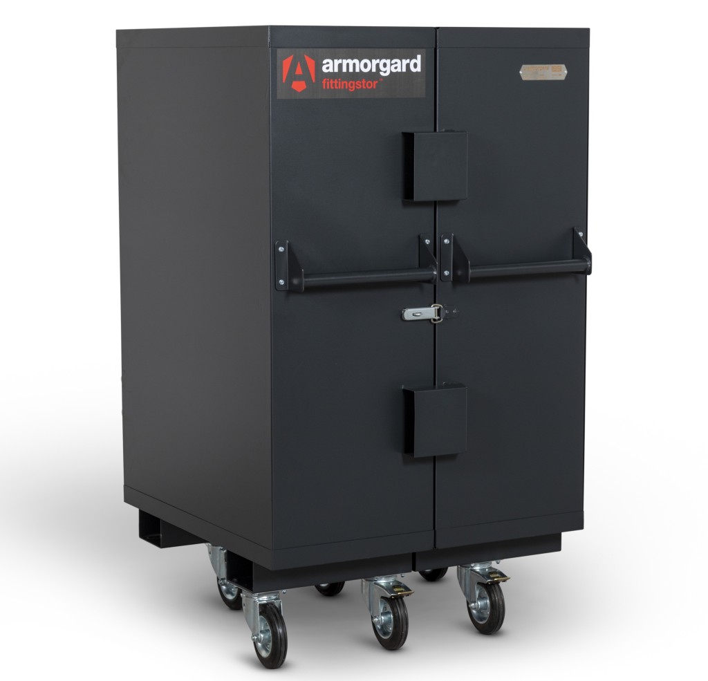 A steel Armorgard heavy-duty site storage unit with a steel construction, secure locking, and a load-rated base.