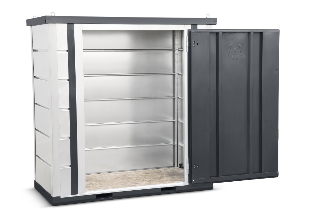 A steel Armorgard heavy-duty site storage unit with a steel construction, secure locking, and a load-rated base.