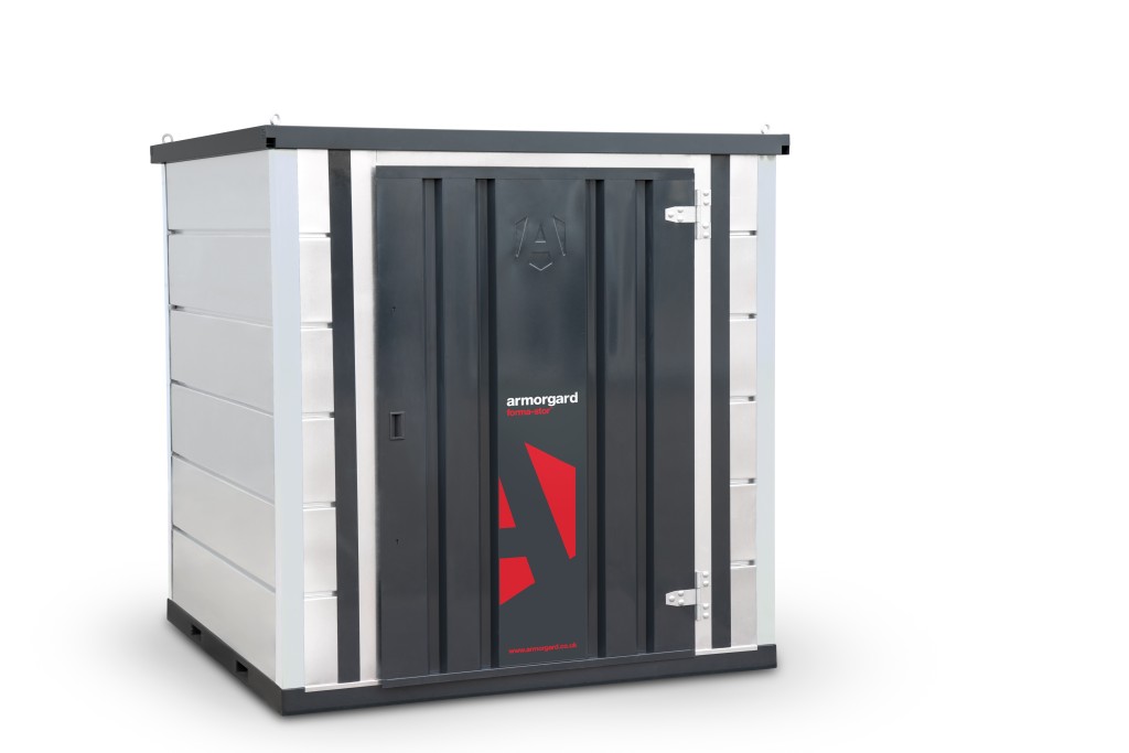 A steel Armorgard heavy-duty site storage unit with a steel construction, secure locking, and a load-rated base.