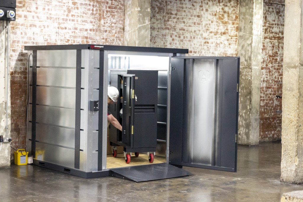 A steel Armorgard heavy-duty site storage unit with a steel construction, secure locking, and a load-rated base.