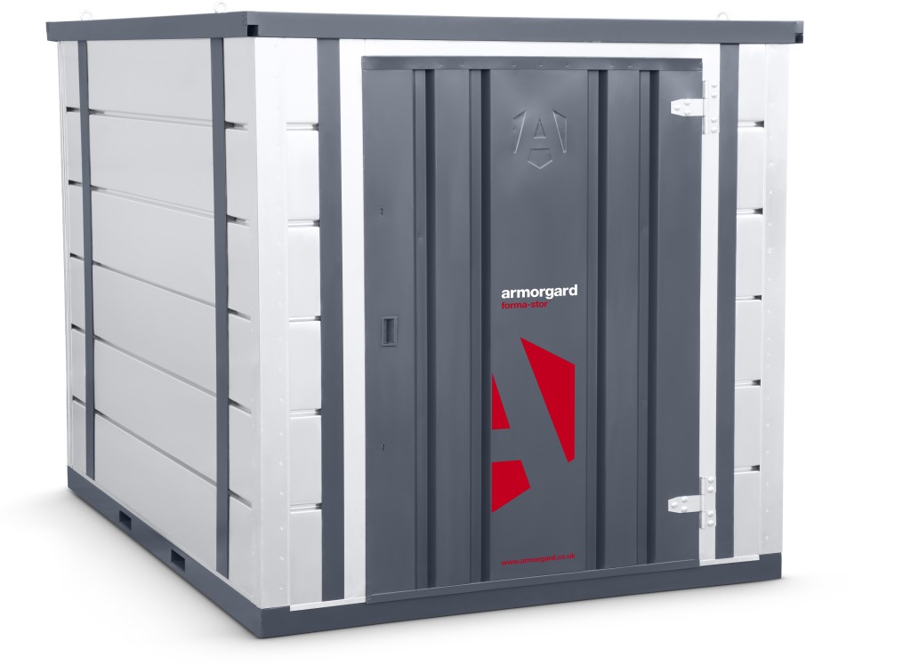 A steel Armorgard heavy-duty site storage unit with a steel construction, secure locking, and a load-rated base.