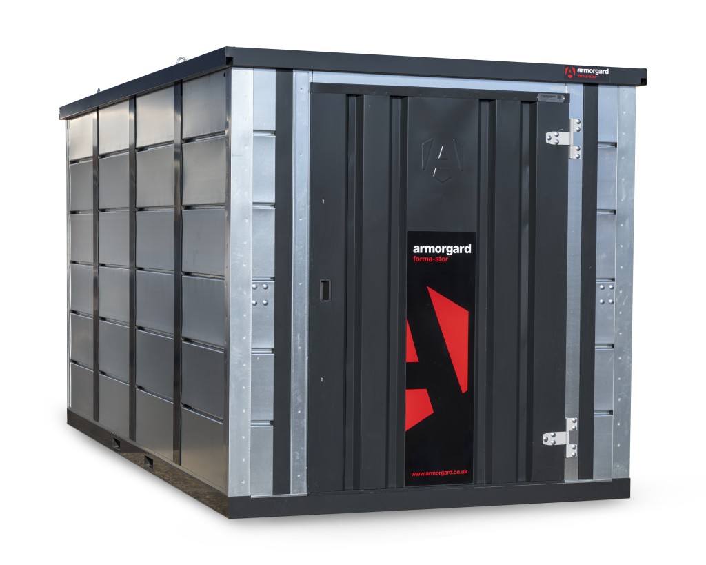 A steel Armorgard heavy-duty site storage unit with a steel construction, secure locking, and a load-rated base.