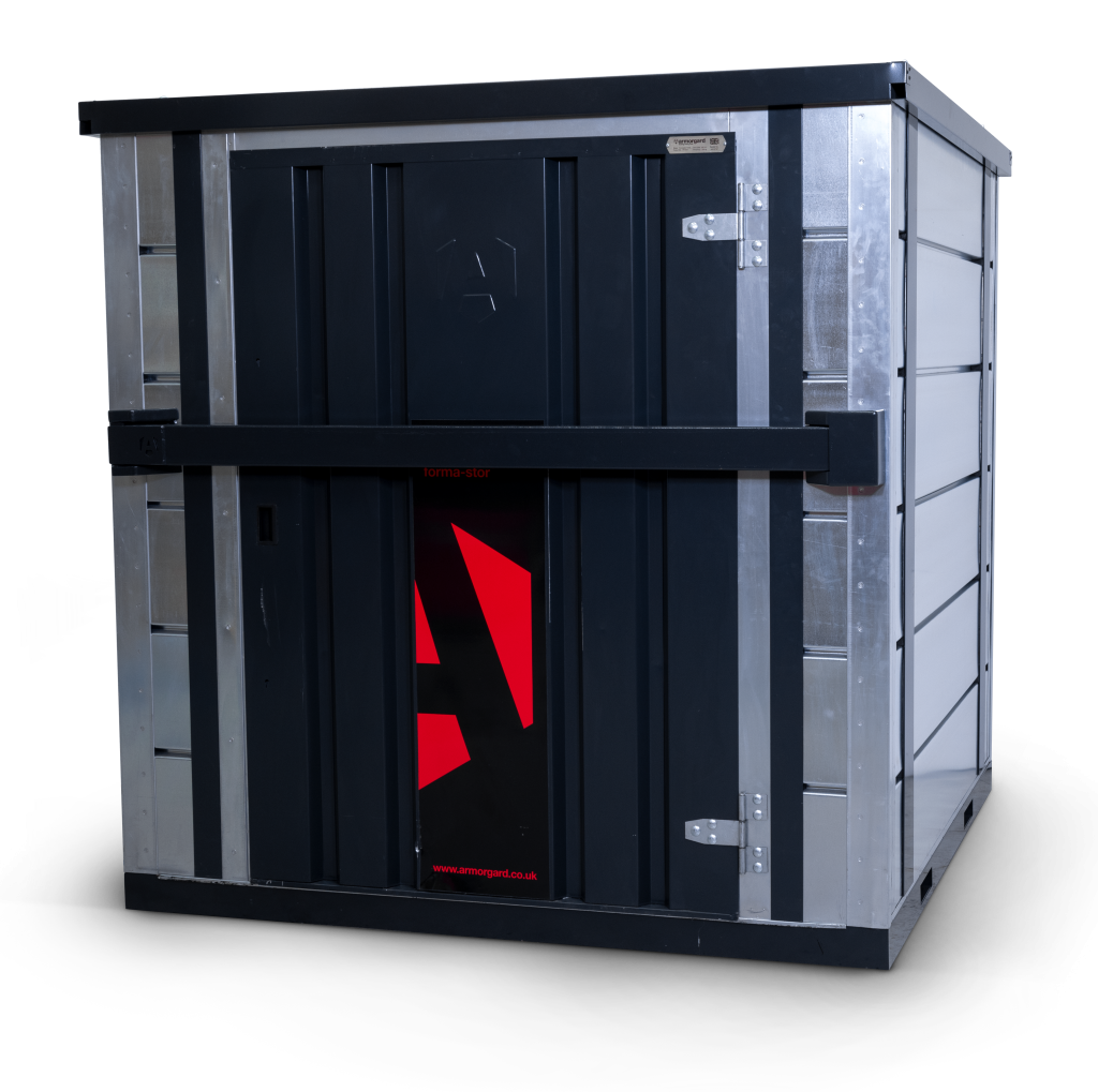 A steel Armorgard heavy-duty site storage unit with a steel construction, secure locking, and a load-rated base.