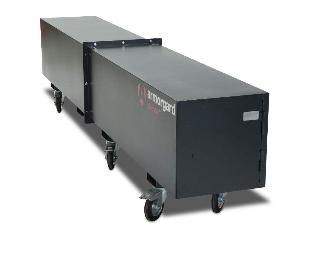A steel Armorgard heavy-duty site storage unit with a steel construction, secure locking, and a load-rated base.