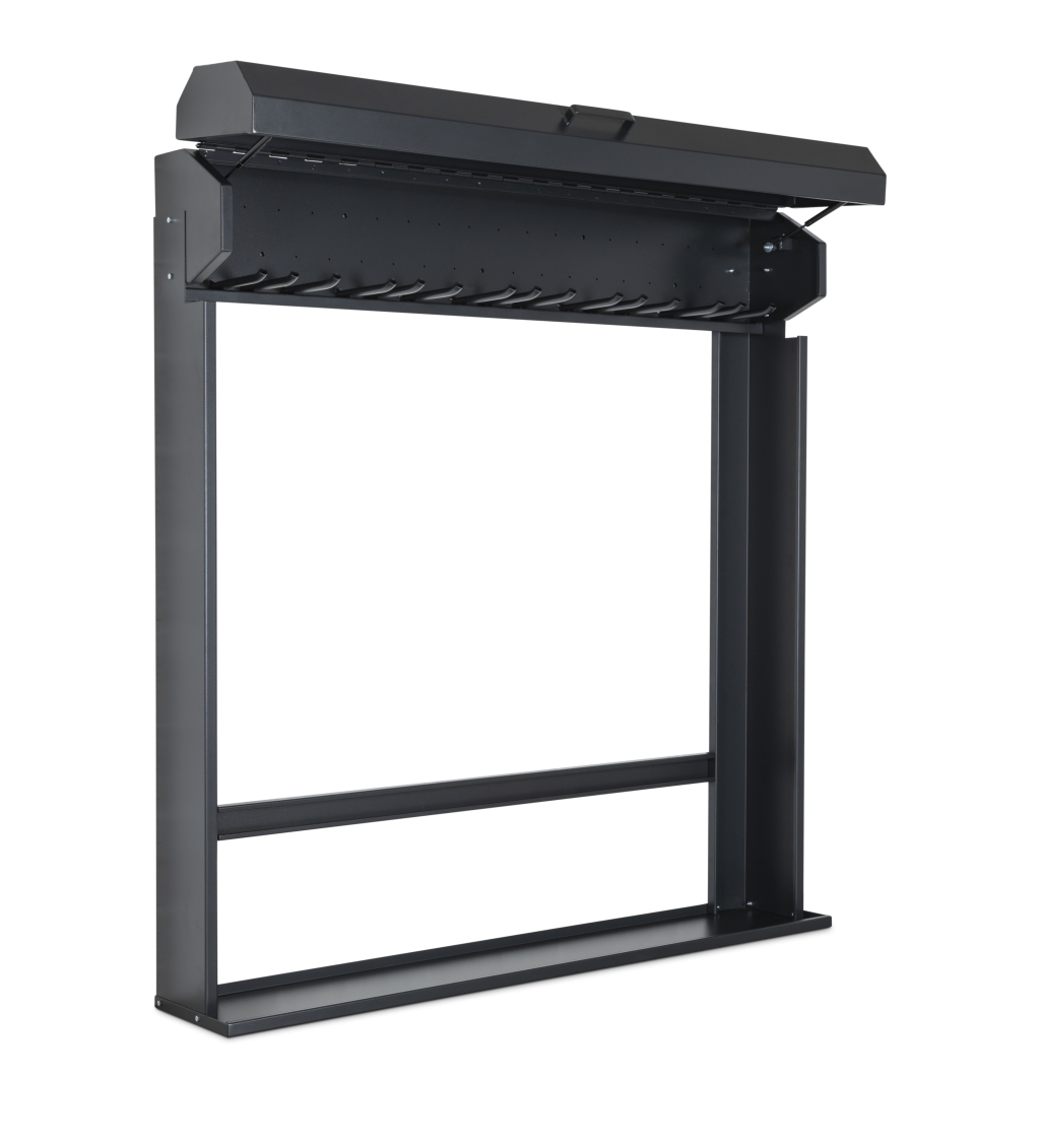 A steel metal shelving unit with adjustable shelf heights and a robust welded steel frame, for organised storage in workshops and site cabins.