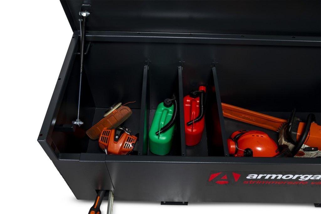 A steel Armorgard heavy-duty site storage unit with a steel construction, secure locking, and a load-rated base.