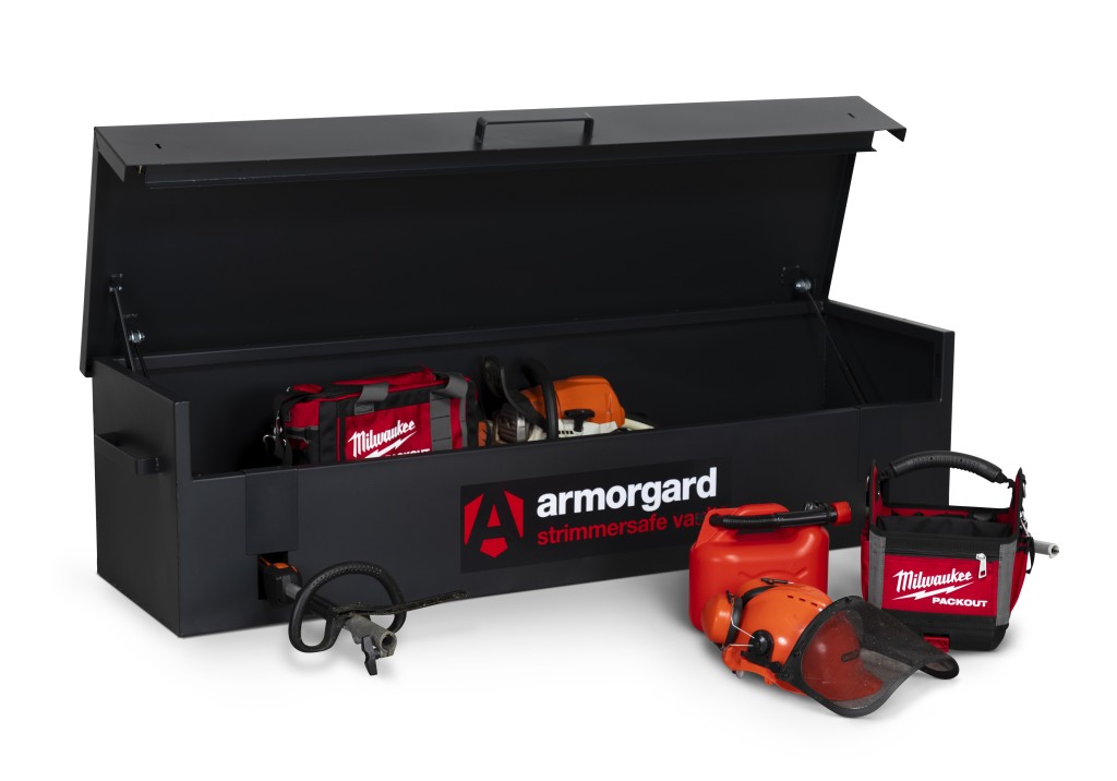 A steel Armorgard heavy-duty site storage unit with a steel construction, secure locking, and a load-rated base.