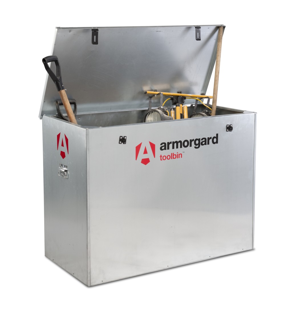 A steel Armorgard heavy-duty site storage unit with a steel construction, secure locking, and a load-rated base.