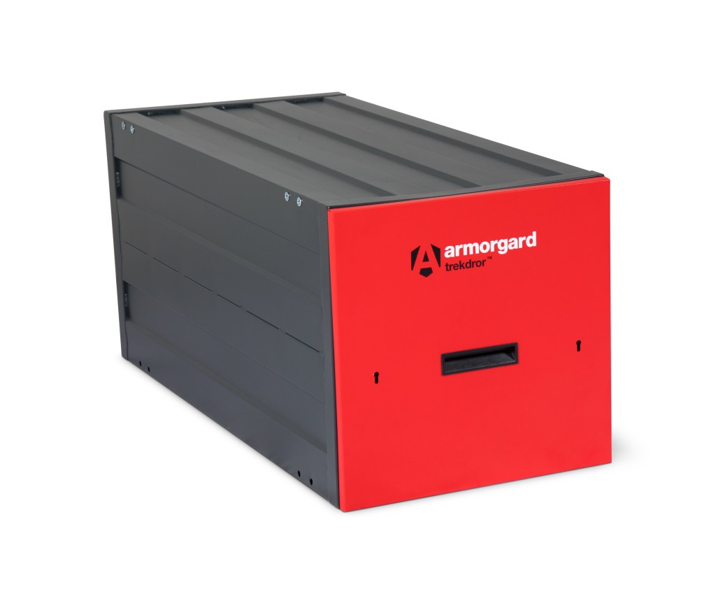 A steel Armorgard heavy-duty site storage unit with a steel construction, secure locking, and a load-rated base.