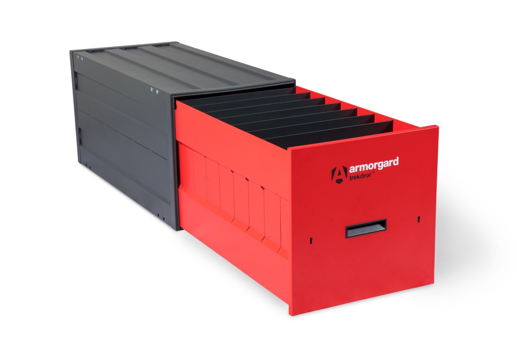 A steel Armorgard heavy-duty site storage unit with a steel construction, secure locking, and a load-rated base.