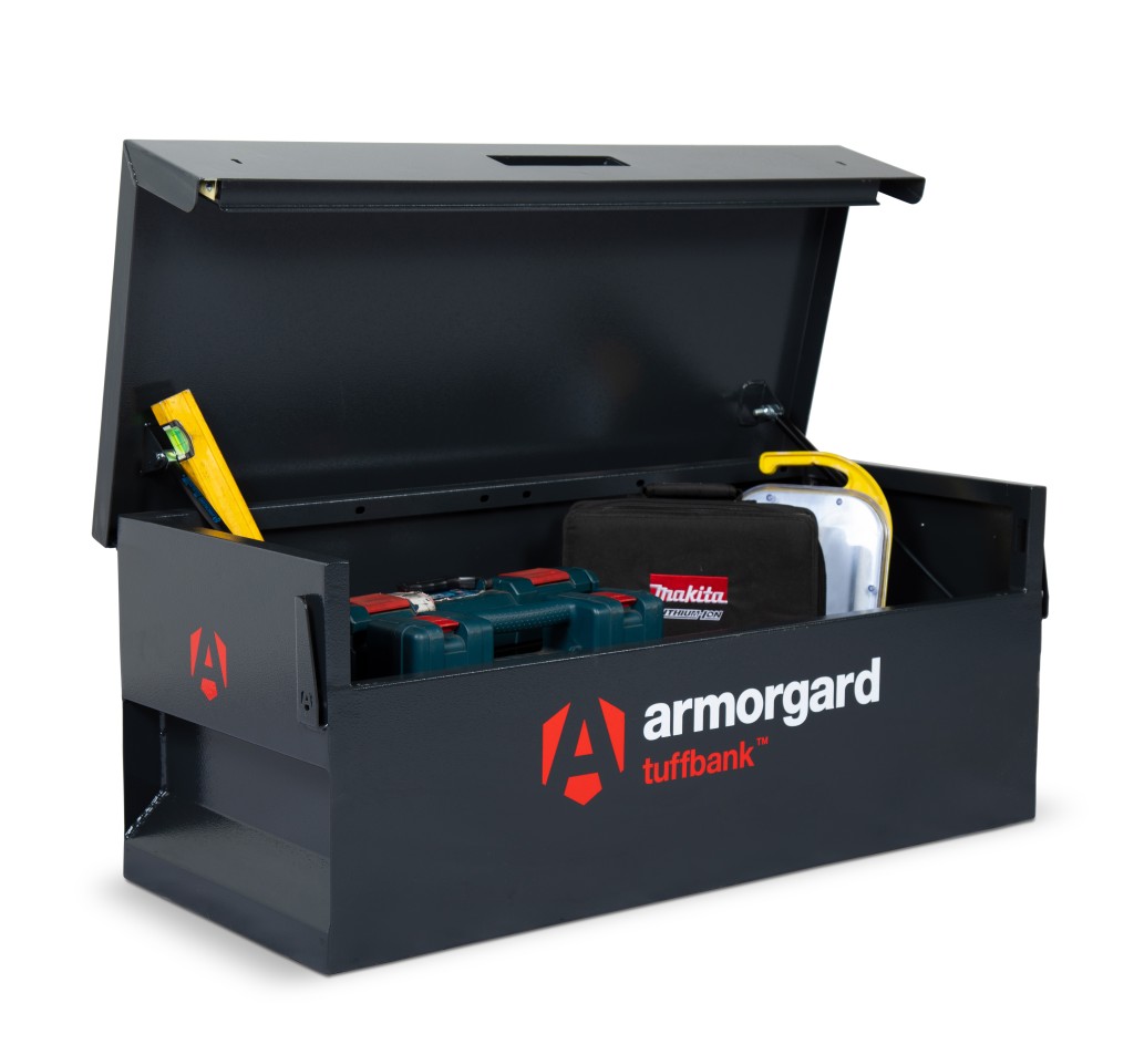 A steel Armorgard heavy-duty site storage unit with a steel construction, secure locking, and a load-rated base.