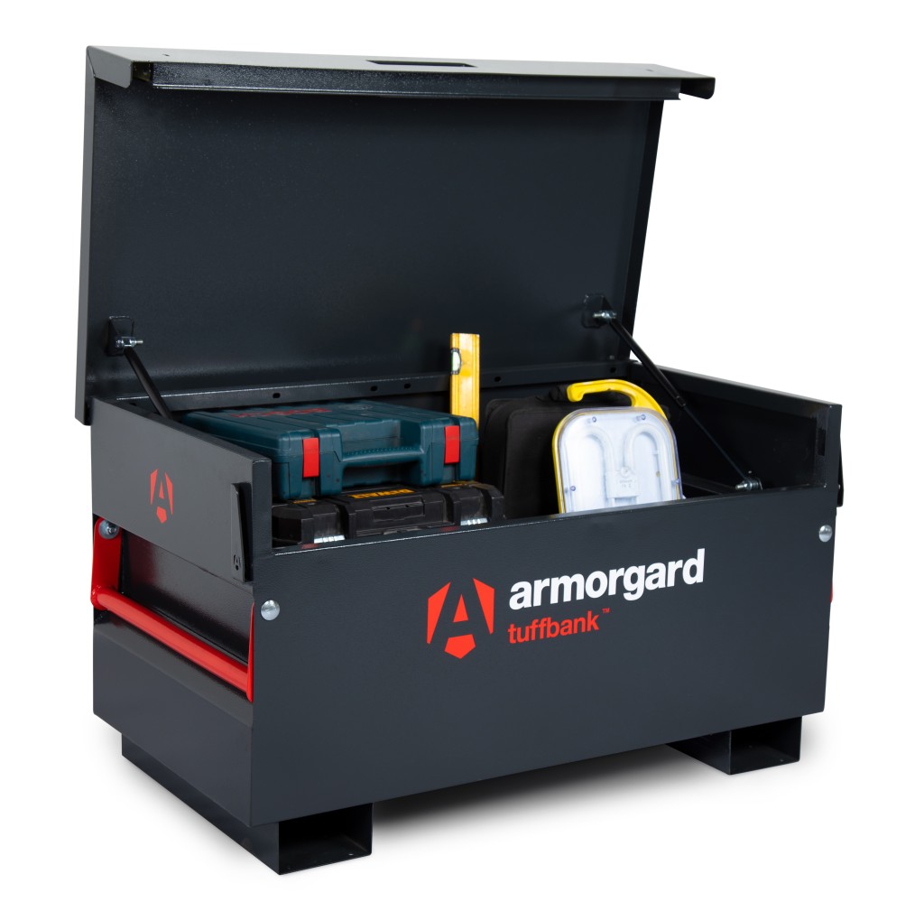 A steel Armorgard heavy-duty site storage unit with a steel construction, secure locking, and a load-rated base.