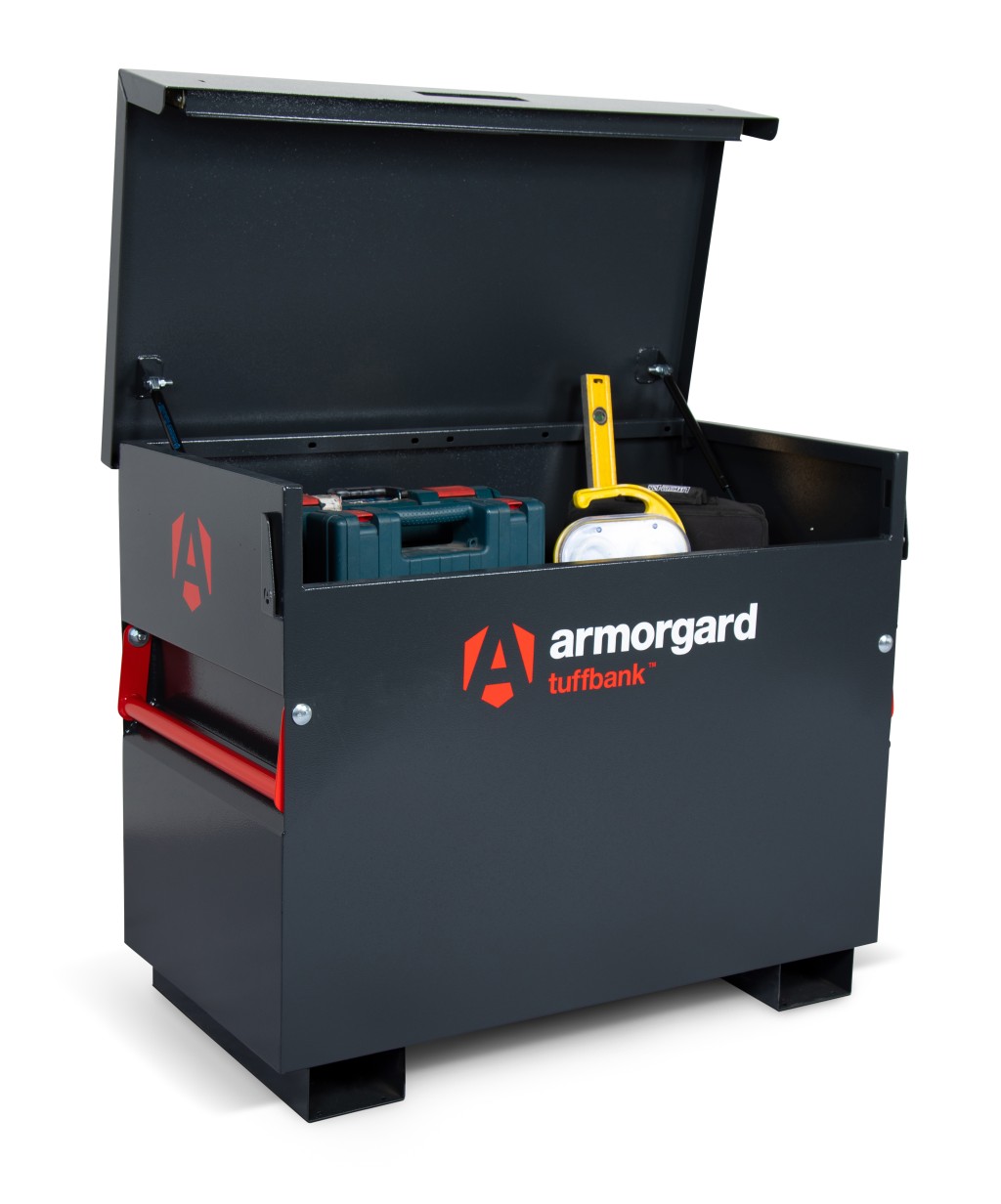 A steel Armorgard heavy-duty site storage unit with a steel construction, secure locking, and a load-rated base.
