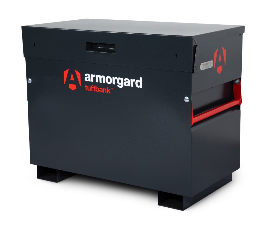 A steel Armorgard heavy-duty site storage unit with a steel construction, secure locking, and a load-rated base.