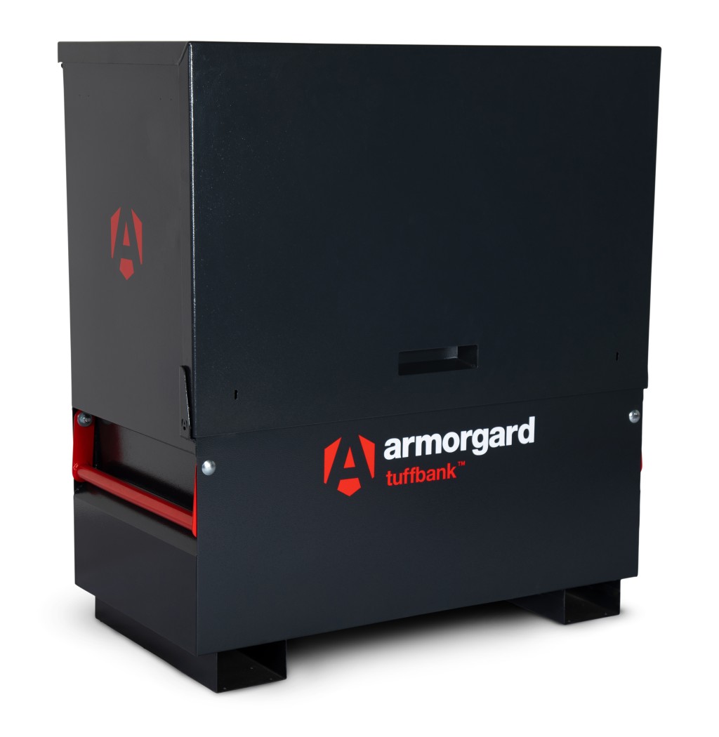 A steel Armorgard heavy-duty site storage unit with a steel construction, secure locking, and a load-rated base.