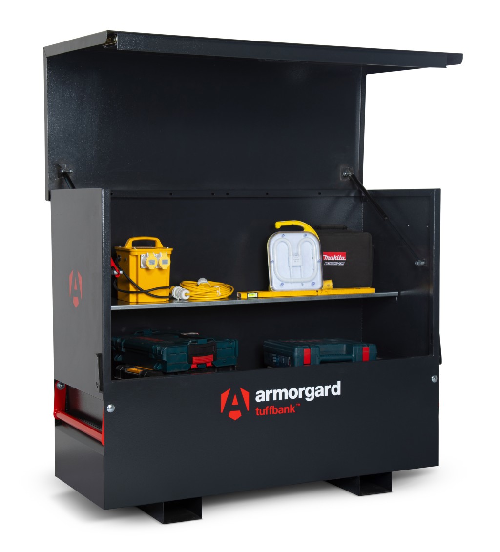 A steel Armorgard heavy-duty site storage unit with a steel construction, secure locking, and a load-rated base.