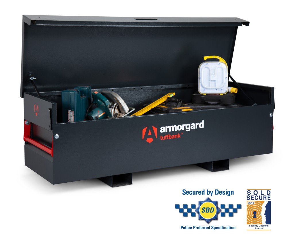 A steel Armorgard heavy-duty site storage unit with a steel construction, secure locking, and a load-rated base.