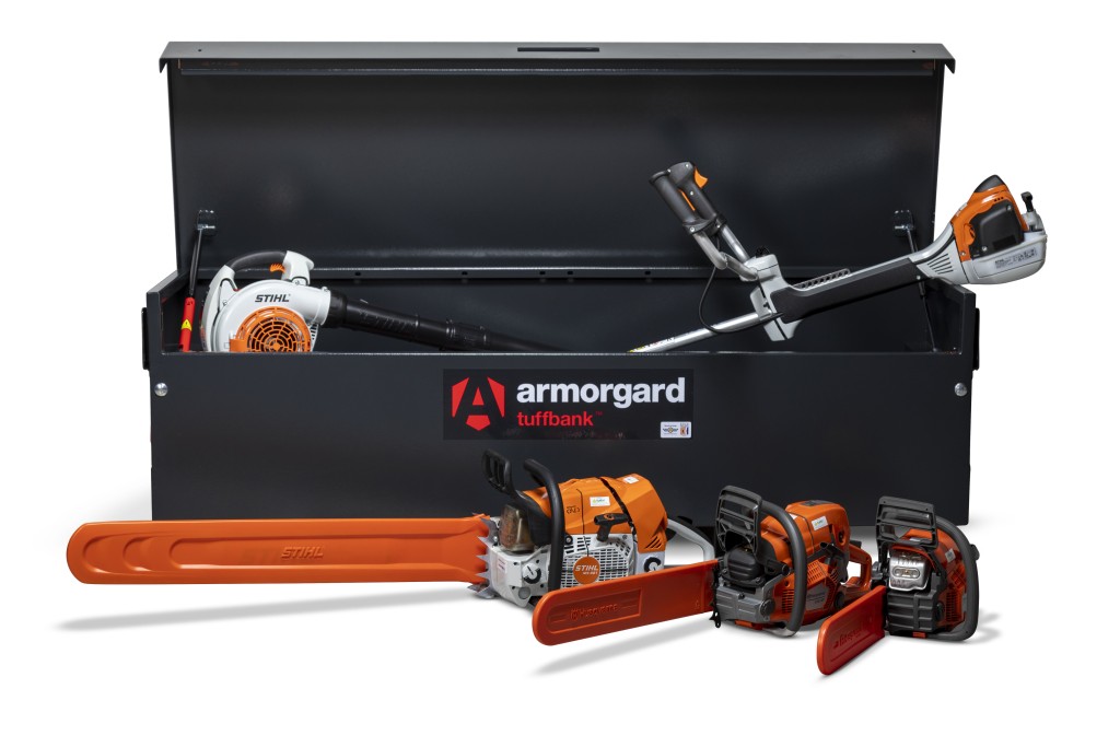 A steel Armorgard heavy-duty site storage unit with a steel construction, secure locking, and a load-rated base.