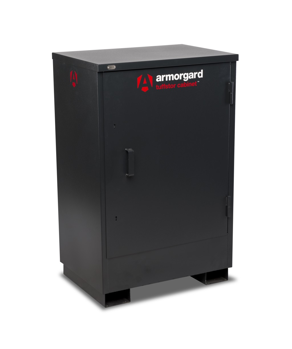 A steel Armorgard heavy-duty site storage unit with a steel construction, secure locking, and a load-rated base.