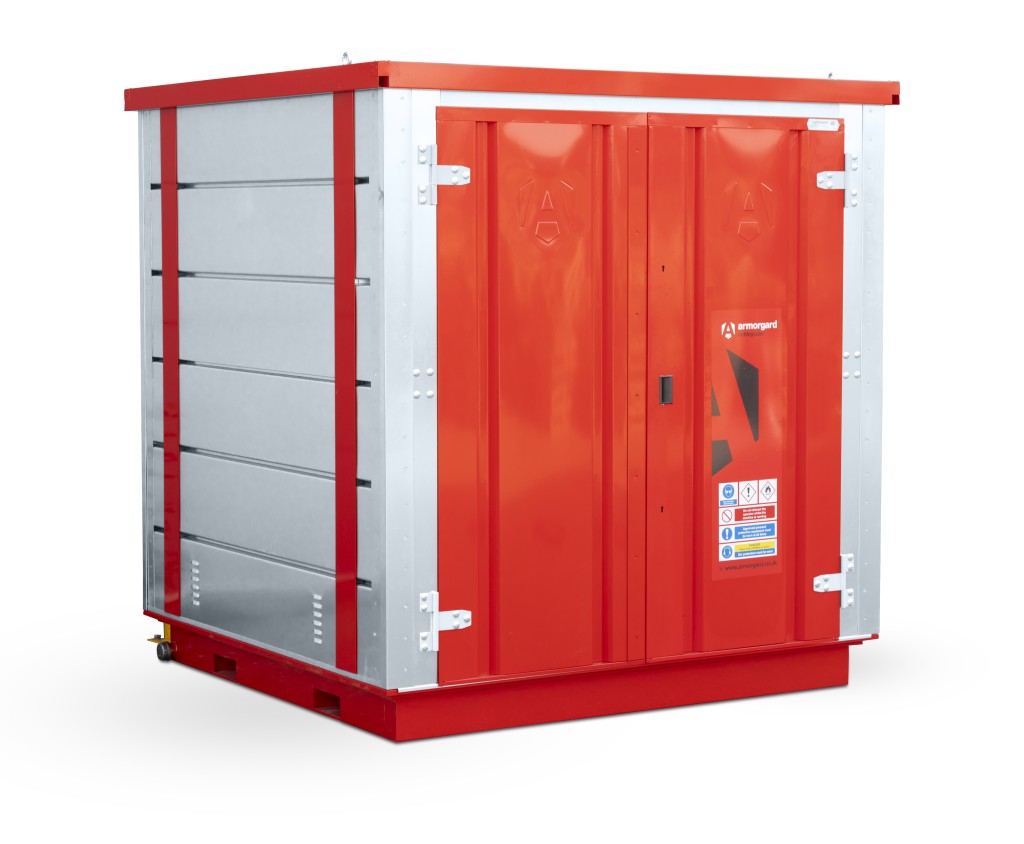 A steel Armorgard heavy-duty site storage unit with a steel construction, secure locking, and a load-rated base.