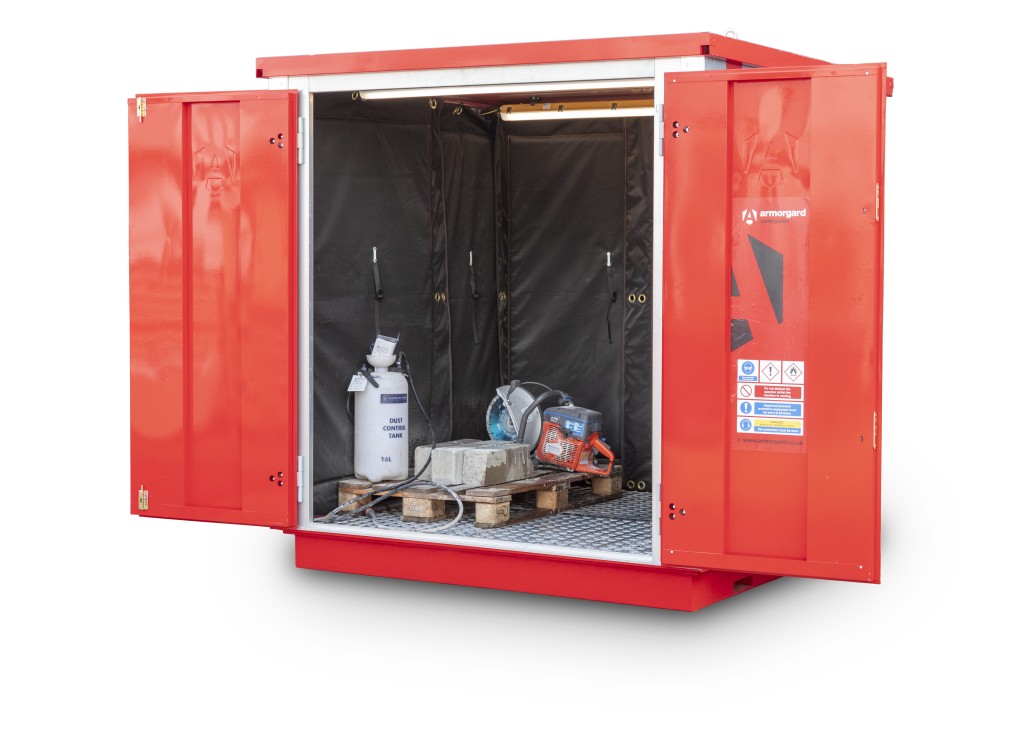 A steel Armorgard heavy-duty site storage unit with a steel construction, secure locking, and a load-rated base.