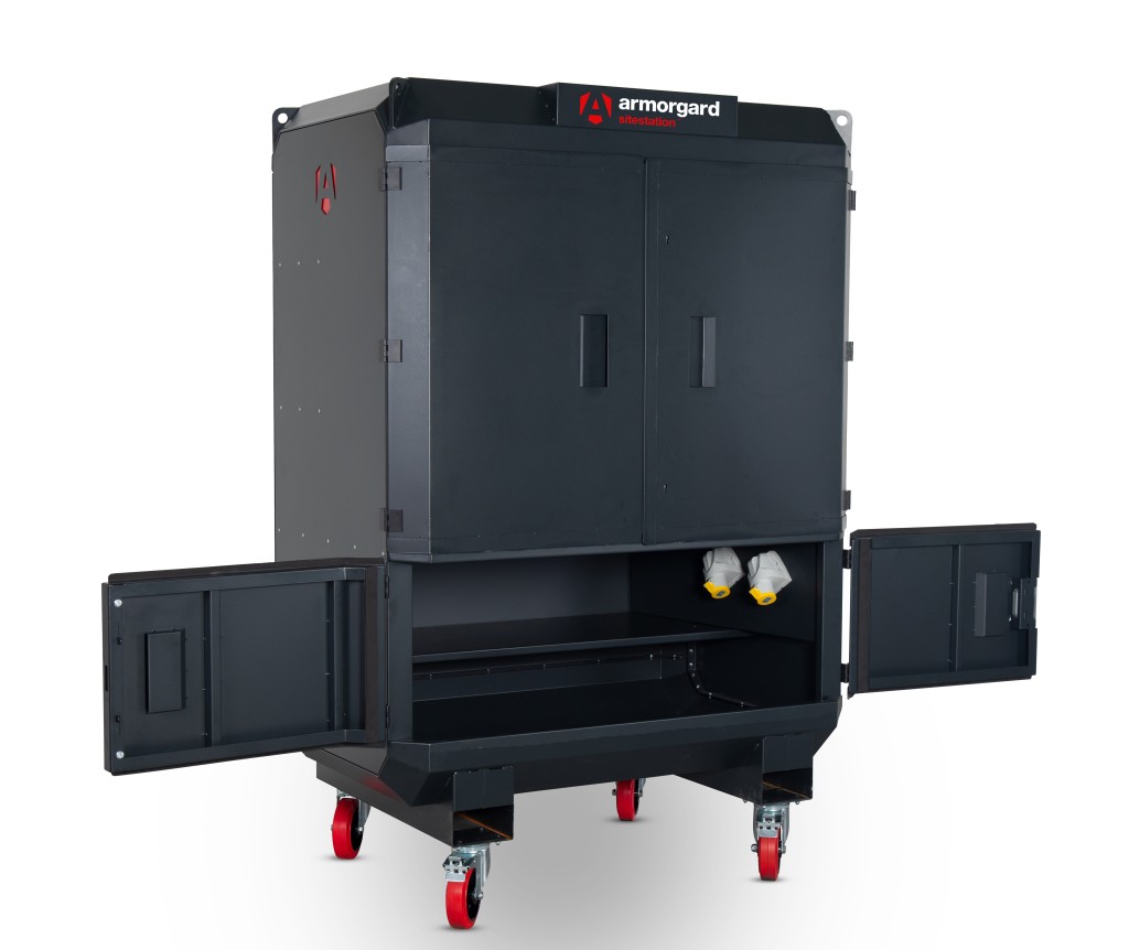 A steel Armorgard heavy-duty site storage unit with a steel construction, secure locking, and a load-rated base.