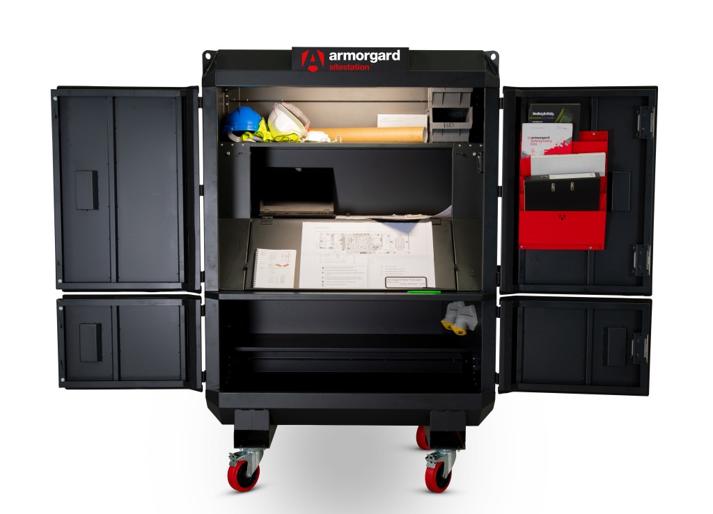 A steel Armorgard heavy-duty site storage unit with a steel construction, secure locking, and a load-rated base.