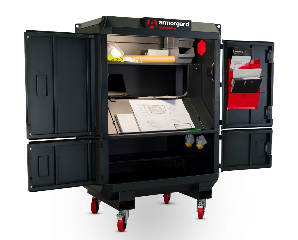 A steel Armorgard heavy-duty site storage unit with a steel construction, secure locking, and a load-rated base.