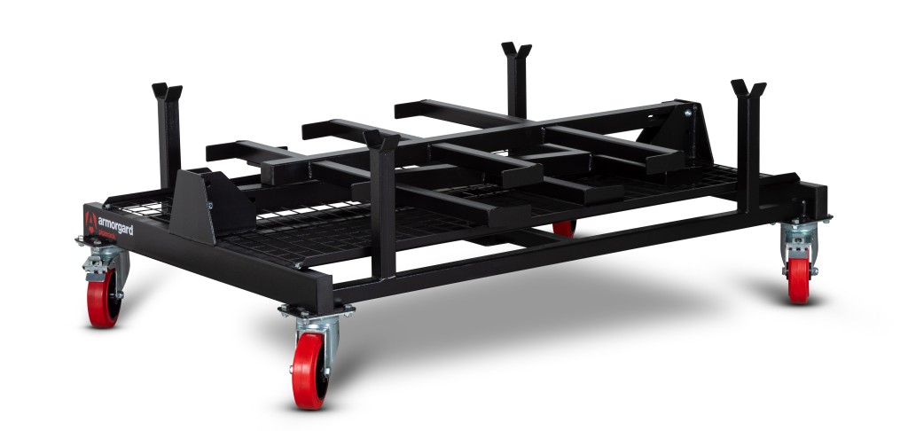 A steel metal shelving unit with adjustable shelf heights and a robust welded steel frame, for organised storage in workshops and site cabins.