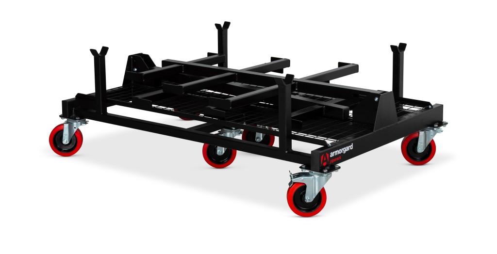 A steel metal shelving unit with adjustable shelf heights and a robust welded steel frame, for organised storage in workshops and site cabins.