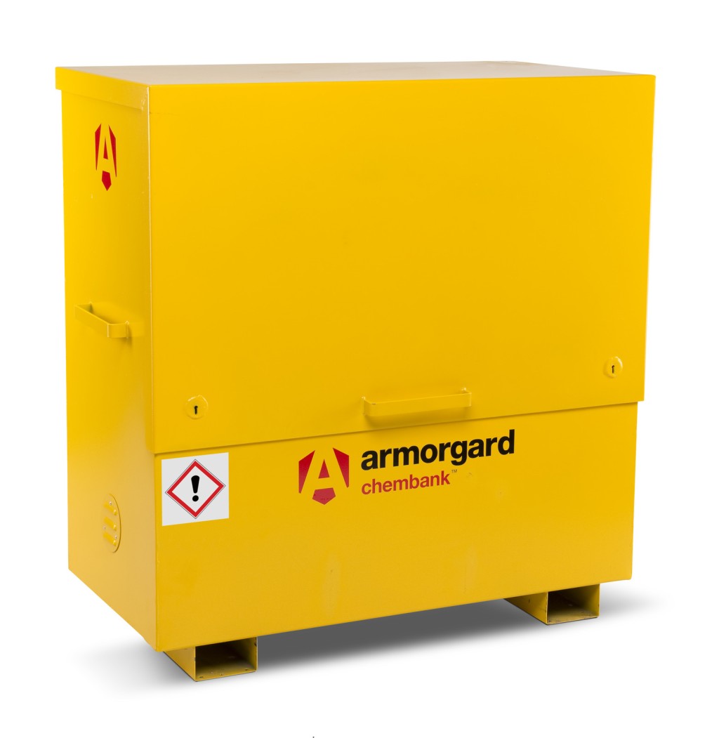 A steel Armorgard heavy-duty site storage unit with a steel construction, secure locking, and a load-rated base.