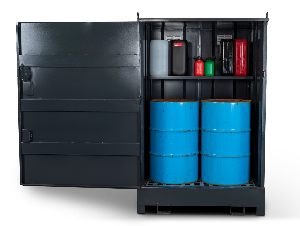 A steel Armorgard heavy-duty site storage unit with a steel construction, secure locking, and a load-rated base.