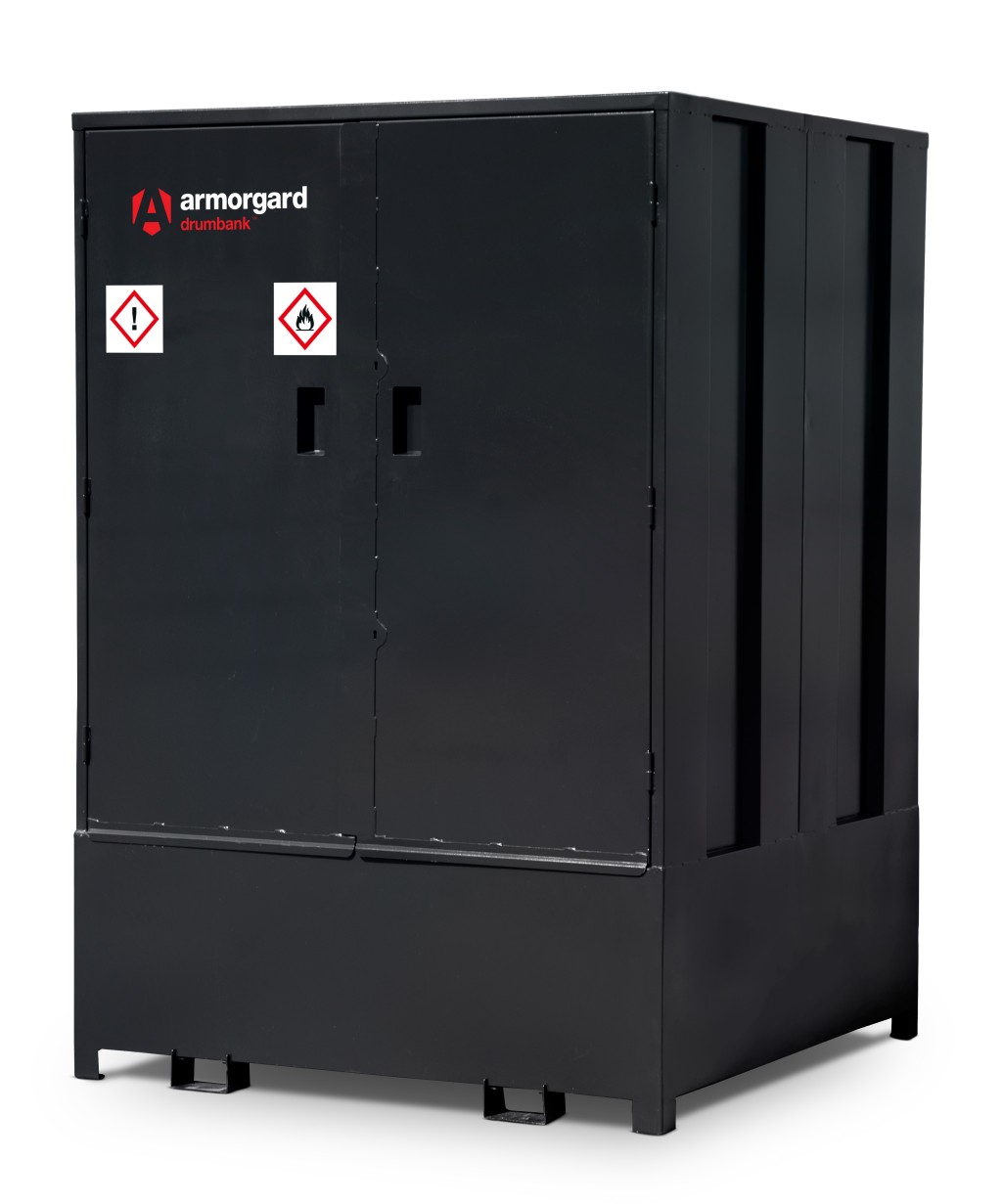 A steel Armorgard heavy-duty site storage unit with a steel construction, secure locking, and a load-rated base.