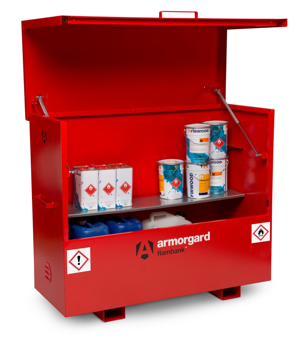 A steel Armorgard heavy-duty site storage unit with a steel construction, secure locking, and a load-rated base.