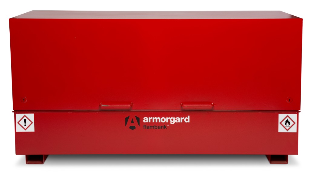 A steel Armorgard heavy-duty site storage unit with a steel construction, secure locking, and a load-rated base.