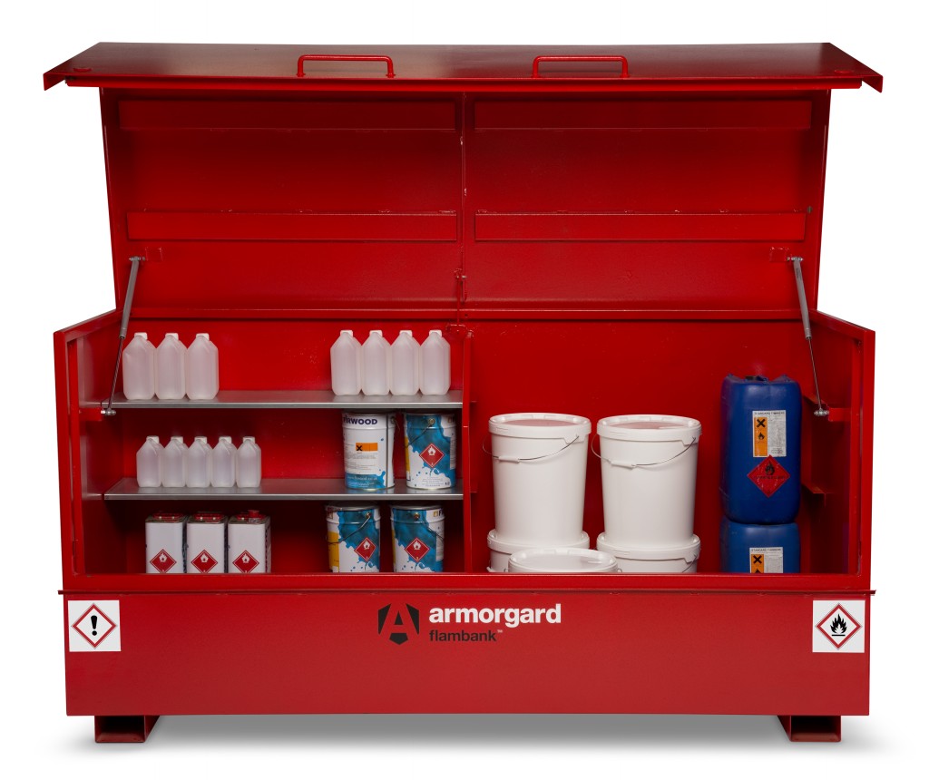 A steel Armorgard heavy-duty site storage unit with a steel construction, secure locking, and a load-rated base.