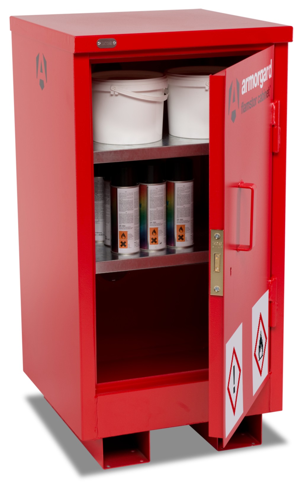 A steel Armorgard lockable flammable-liquids storage cabinet with double doors and sump containment, for safely storing hazardous substances on site.