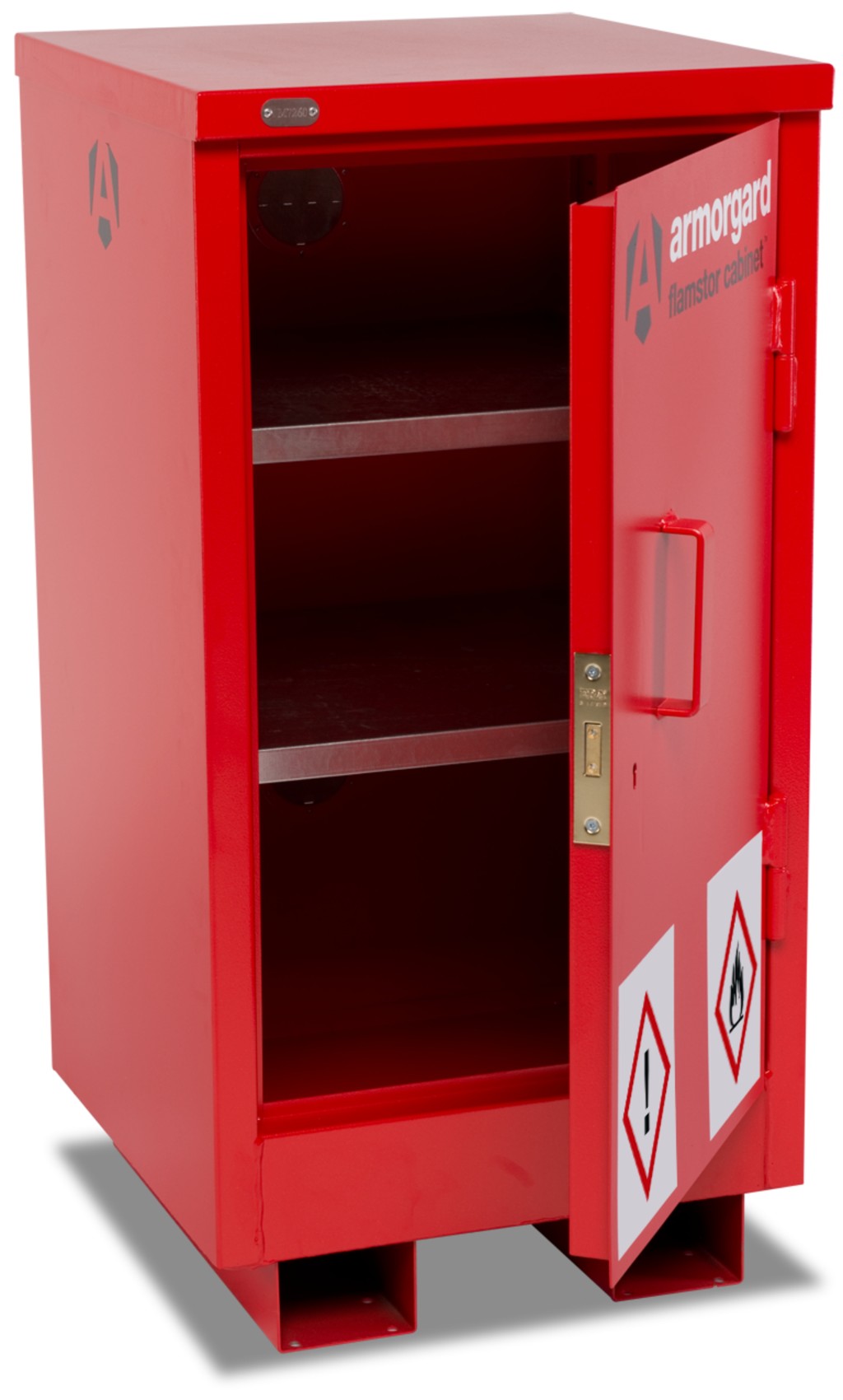 A steel Armorgard lockable flammable-liquids storage cabinet with double doors and sump containment, for safely storing hazardous substances on site.