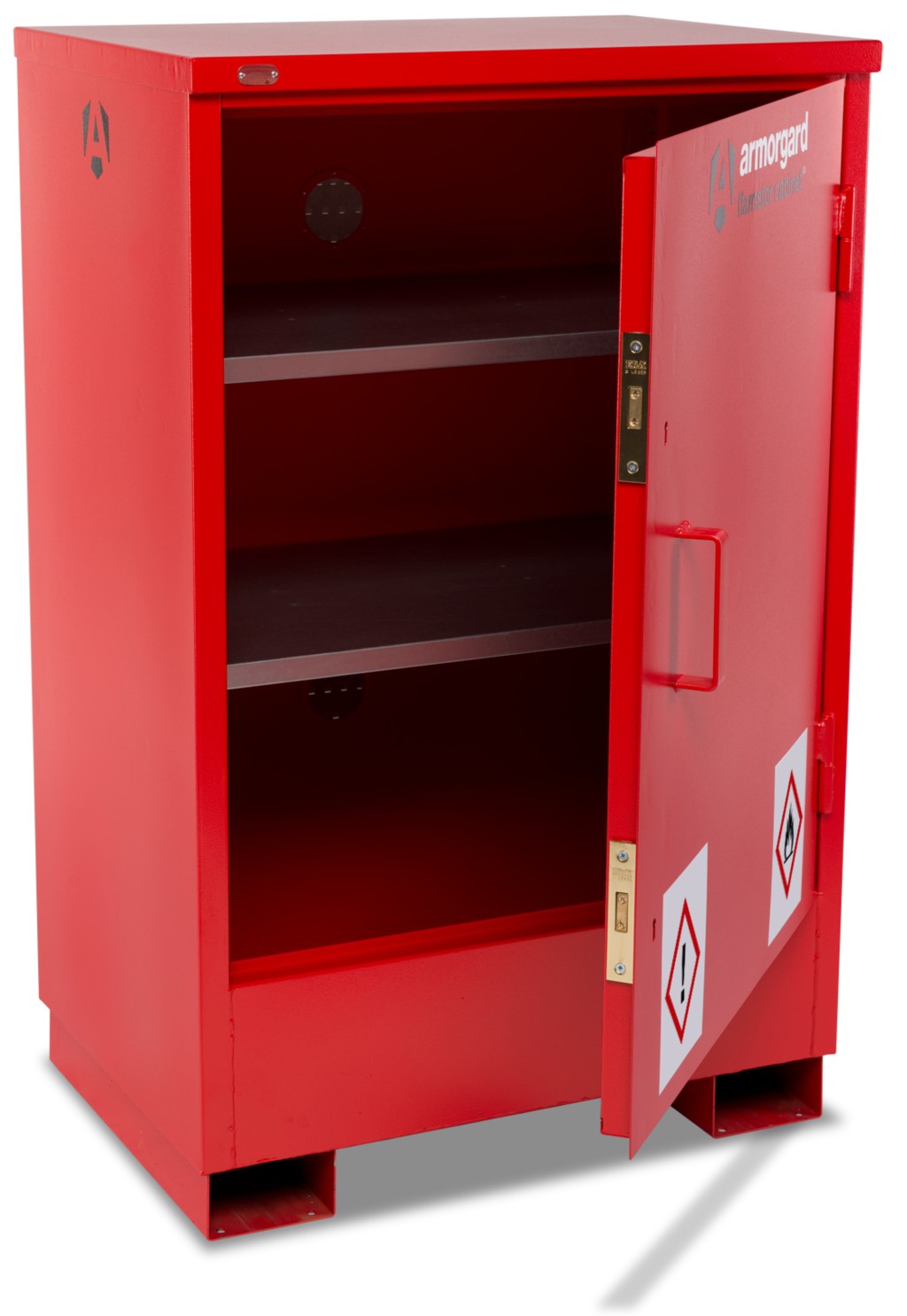 A steel Armorgard lockable flammable-liquids storage cabinet with double doors and sump containment, for safely storing hazardous substances on site.