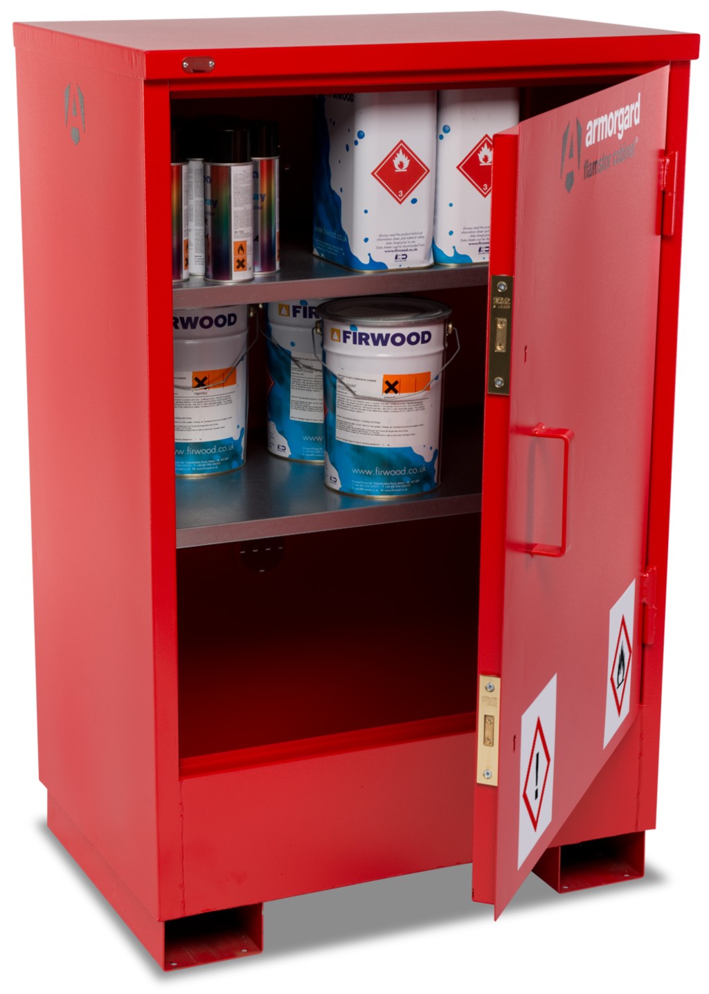 A steel Armorgard lockable flammable-liquids storage cabinet with double doors and sump containment, for safely storing hazardous substances on site.