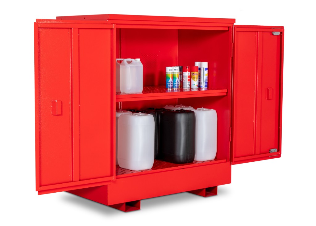 A steel Armorgard lockable flammable-liquids storage cabinet with double doors and sump containment, for safely storing hazardous substances on site.